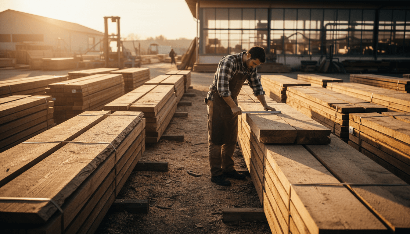 Timber stacks and construction materials in a wood manufacturing yard